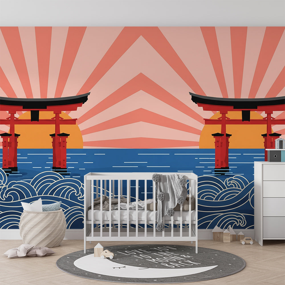 Kids-Mundo torii gate sunset wall mural bringing warm colour to a playroom wall