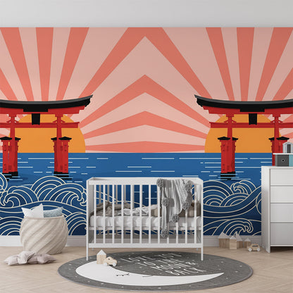 Kids-Mundo torii gate sunset wall mural bringing warm colour to a playroom wall