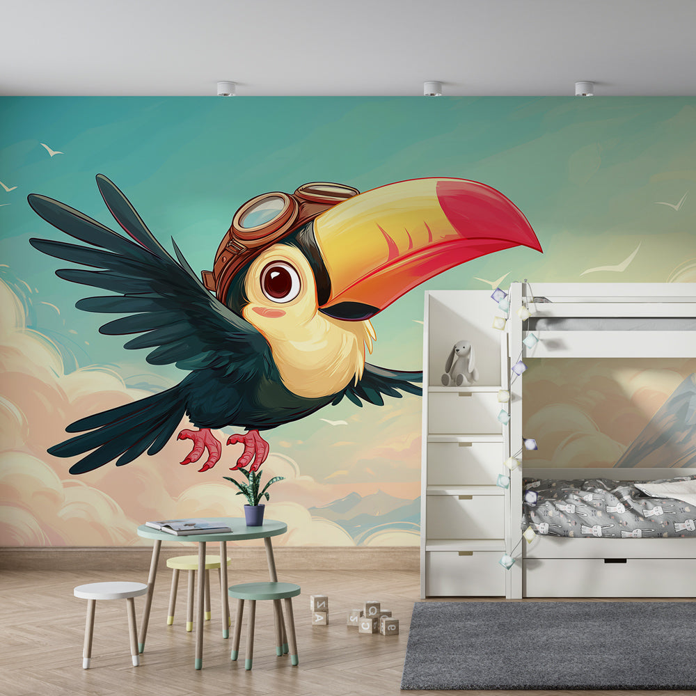 Aviator toucan mural wallpaper transforming modern children's bedroom with cloudy sky theme
