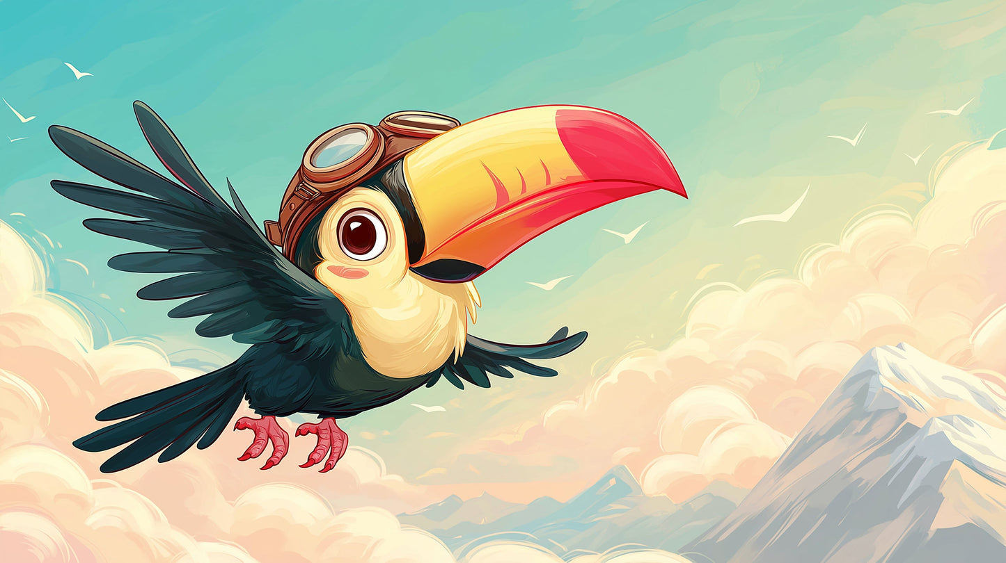 Detailed toucan aviator mural wallpaper design pattern featuring pilot bird in cloudy blue sky by Kids-Mundo