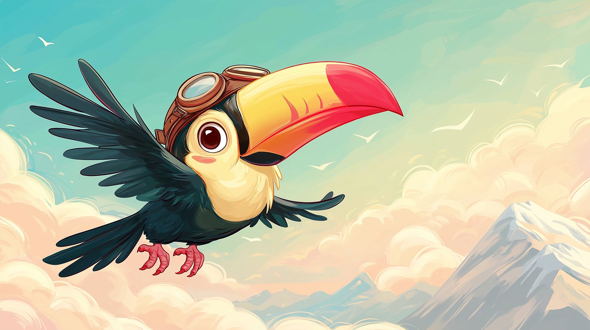 Detailed toucan aviator mural wallpaper design pattern featuring pilot bird in cloudy blue sky by Kids-Mundo