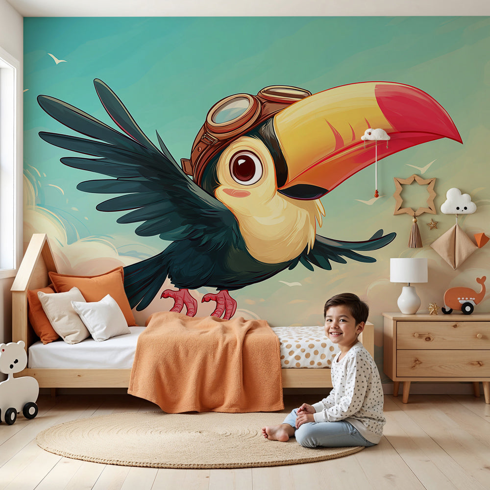 Toucan adventure mural wallpaper creating magical aviation-themed nursery decor by Kids-Mundo