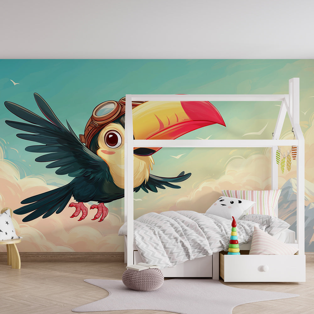 Bird adventure wallpaper creating inspiring playroom atmosphere with pilot toucan in clouds