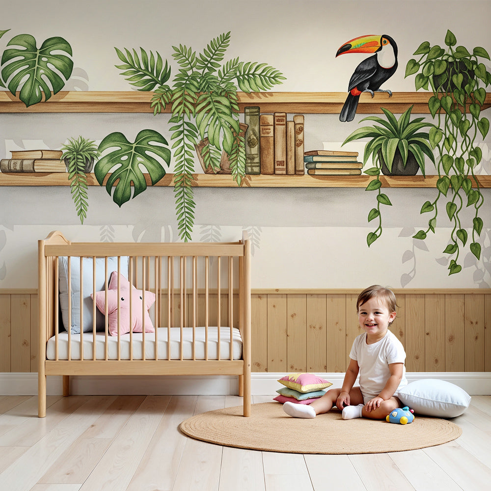 Kids-Mundo toucan and plants wall mural styled in a warm kids bedroom corner