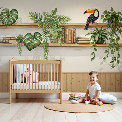 Kids-Mundo toucan and plants wall mural styled in a warm kids bedroom corner