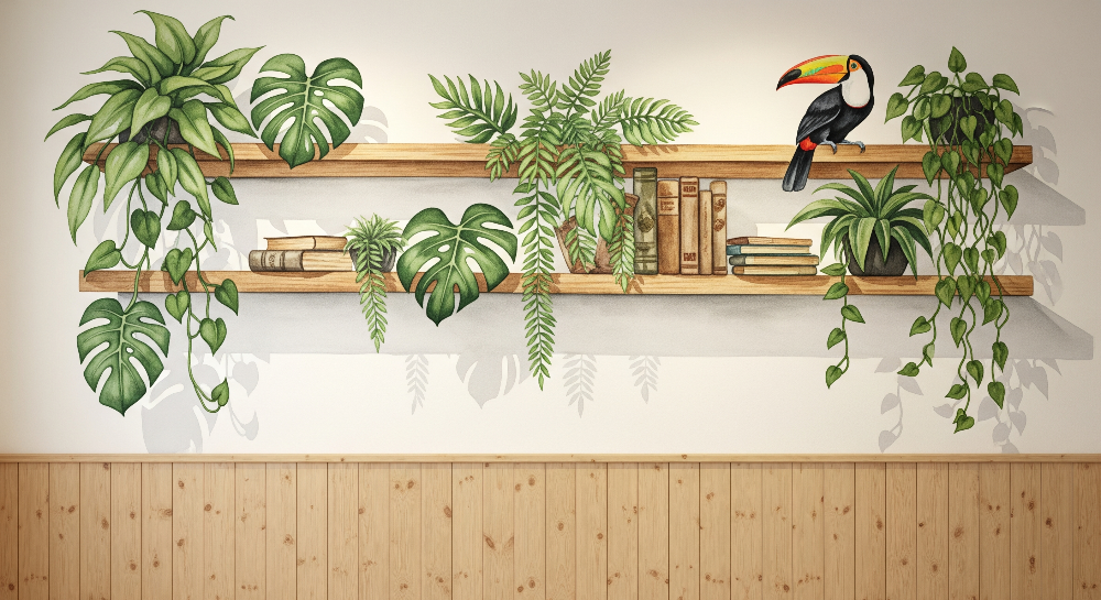 Kids-Mundo flat artwork of a toucan on a wooden shelf with books and plants
