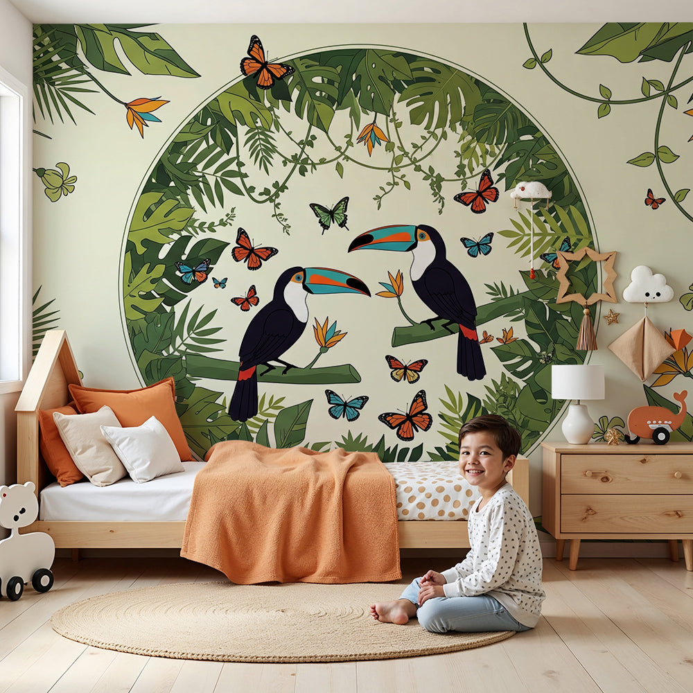 Kids-Mundo toucan and butterfly jungle wall mural on cream in a soft nursery