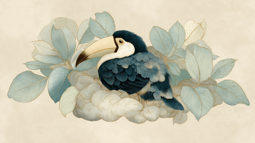 Kids-Mundo flat artwork of a toucan resting on a cloud with dusty blue foliage