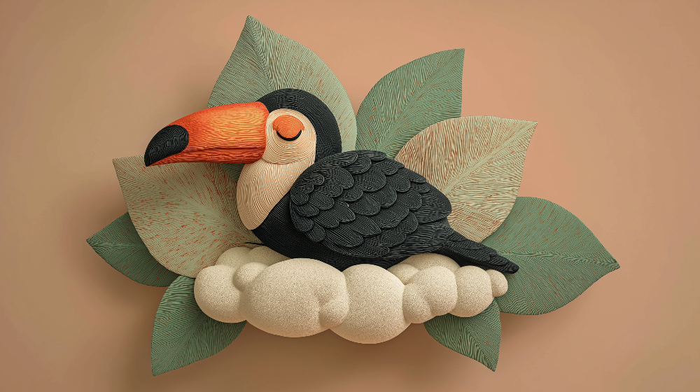 Flat artwork of the Kids-Mundo toucan on a cloud wall mural in blush and sandy tones