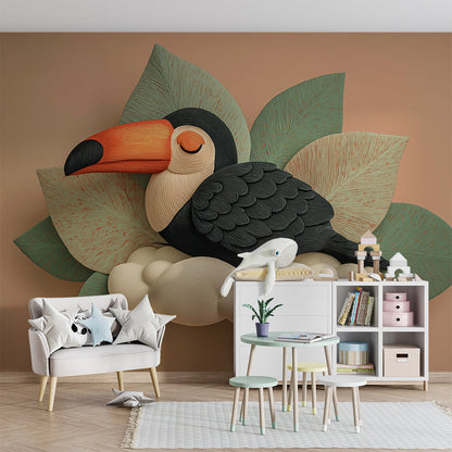Kids-Mundo toucan on a cloud mural covering a playroom wall with a reading nook