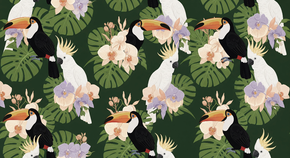 Kids-Mundo flat artwork of toucans, cockatoos and orchids on a deep green ground