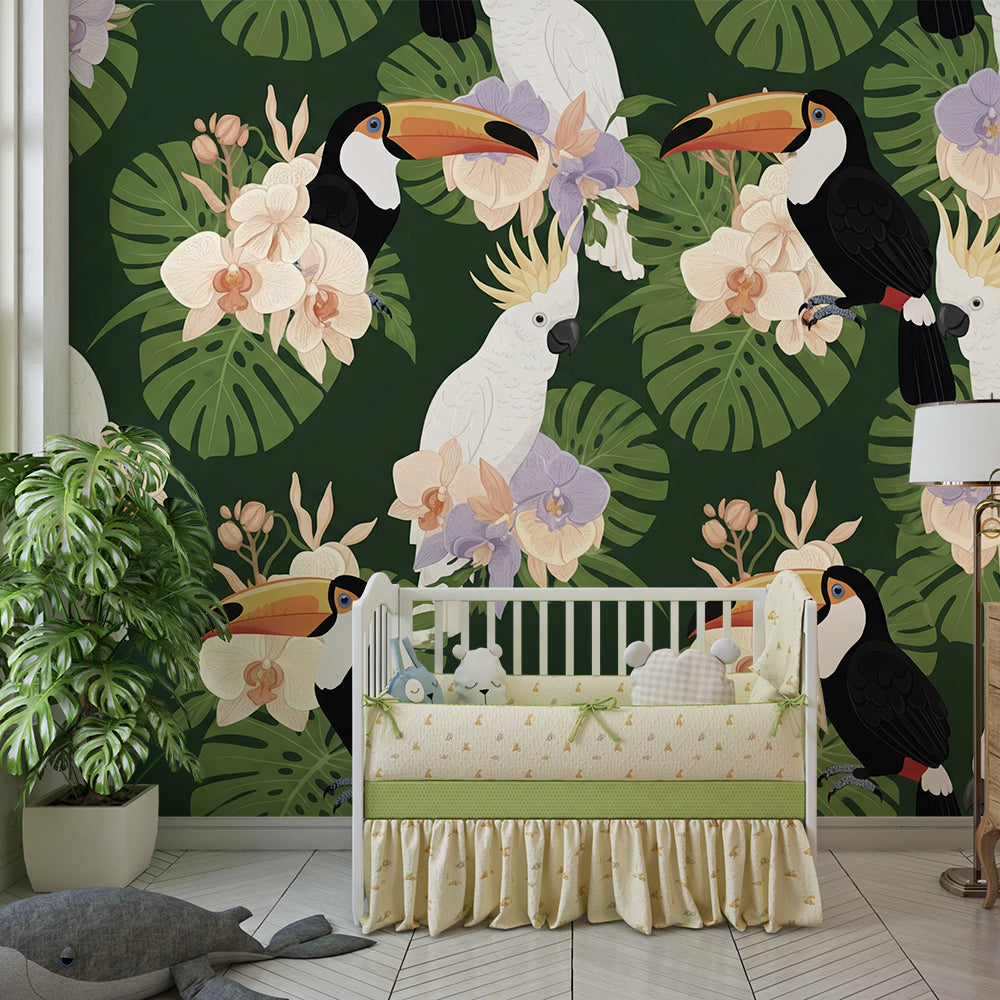 Kids-Mundo toucan and orchid wall mural bringing colour to a playroom wall
