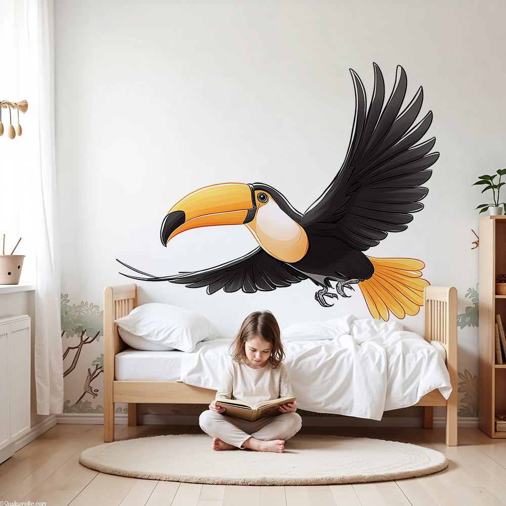 Kids-Mundo flying toucan wall mural styled on a feature wall in a bright nursery.