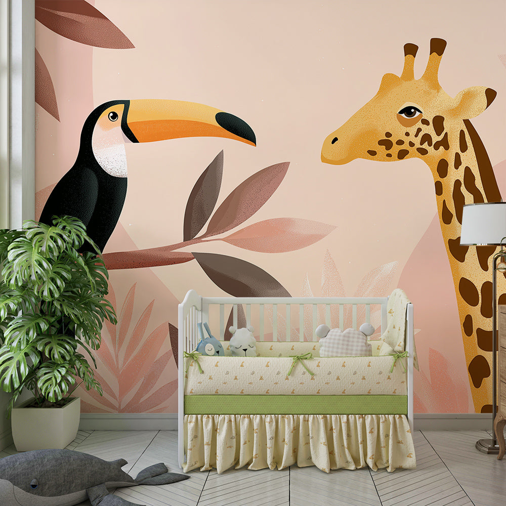 Kids-Mundo blush safari wall mural with a toucan and giraffe in a kids bedroom