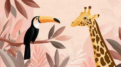 Kids-Mundo toucan and giraffe mural artwork on a warm blush pink background