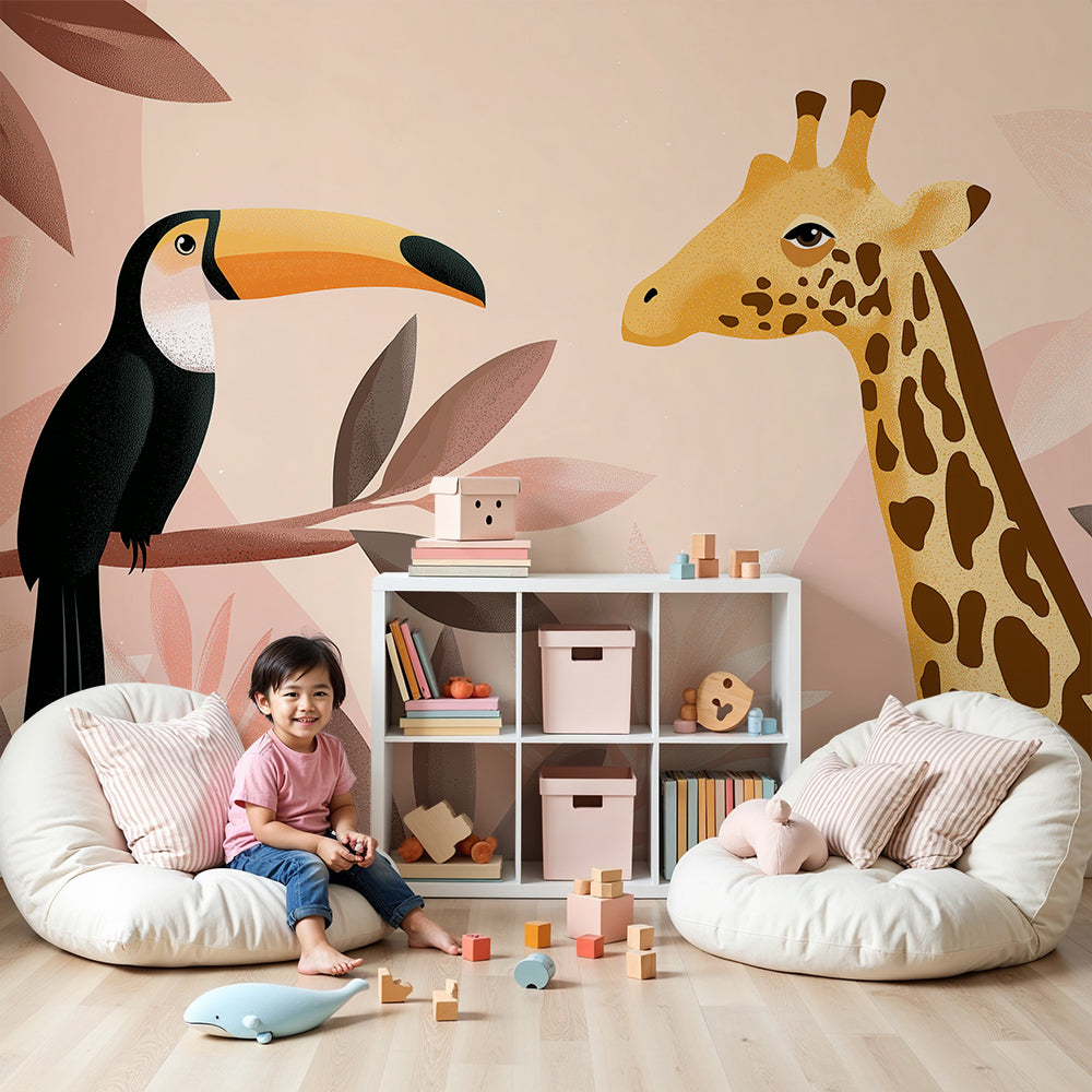 Kids-Mundo toucan and giraffe wall mural styled in a warm blush pink nursery