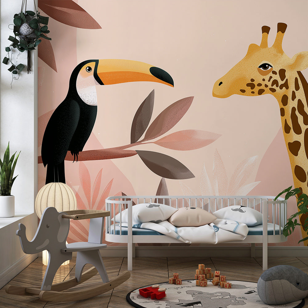 Kids-Mundo toucan and giraffe wall mural brightening a children's playroom wall