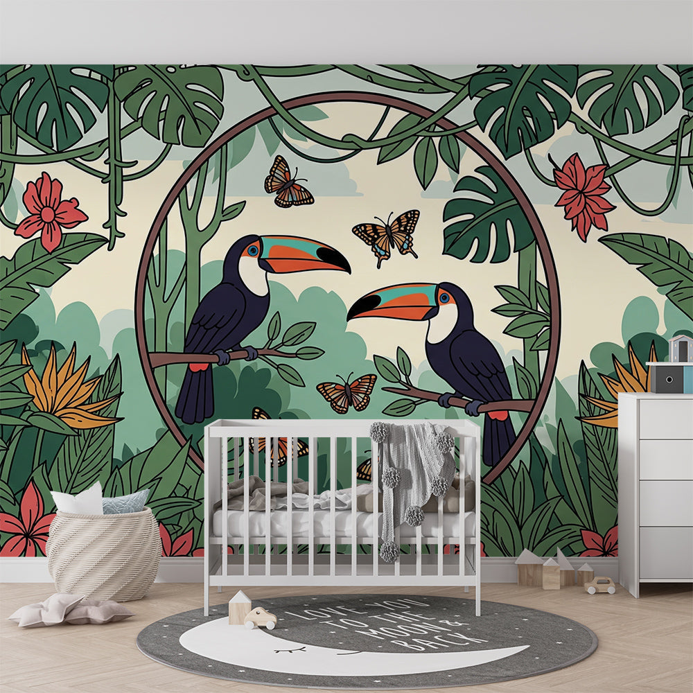 Kids-Mundo bold toucan wallpaper mural with hibiscus blooms in a kids bedroom