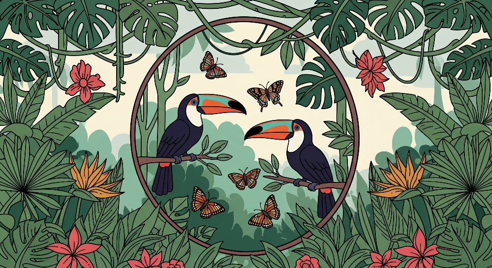 Kids-Mundo flat artwork of toucans, hibiscus and jungle leaves wall mural design