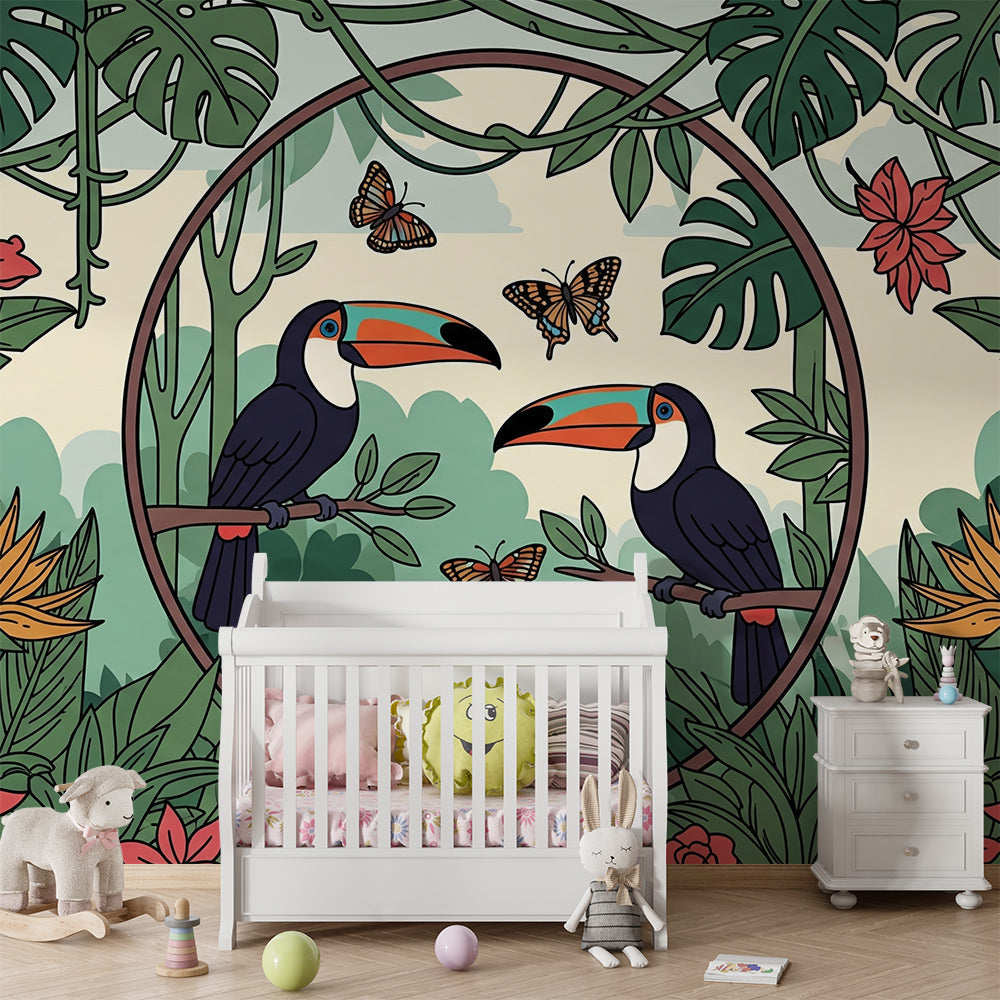 Kids-Mundo rich green jungle wall mural with toucans and butterflies in a playroom