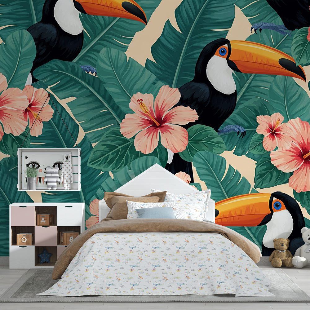 Kids-Mundo jungle toucan and hibiscus wall mural in a playful playroom scene