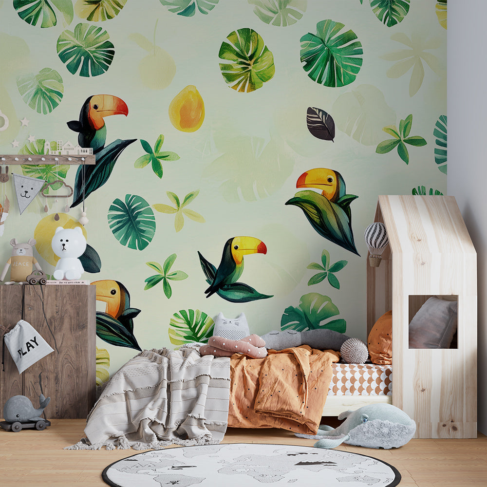 Kids-Mundo toucan leaf pattern wall mural in a kids' bedroom, scattered toucans covering the full wall.
