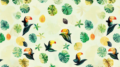 Kids-Mundo flat artwork of a repeating toucan and monstera leaf pattern in soft green and yellow tones.