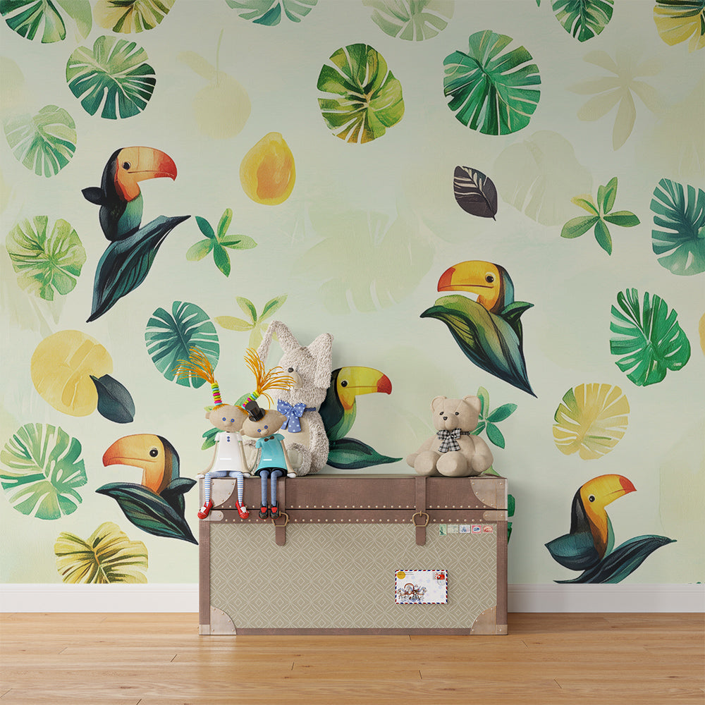 Kids-Mundo tropical toucan pattern mural in a playroom, monstera leaves and toucans behind toy shelves.
