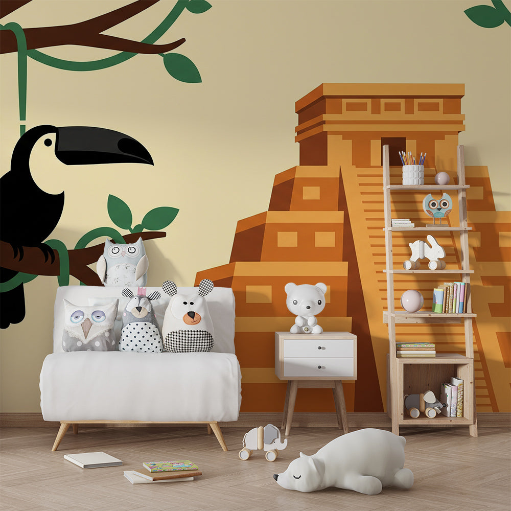 Kids-Mundo toucan and Mayan temple wall mural brightening a playroom with rug and storage.
