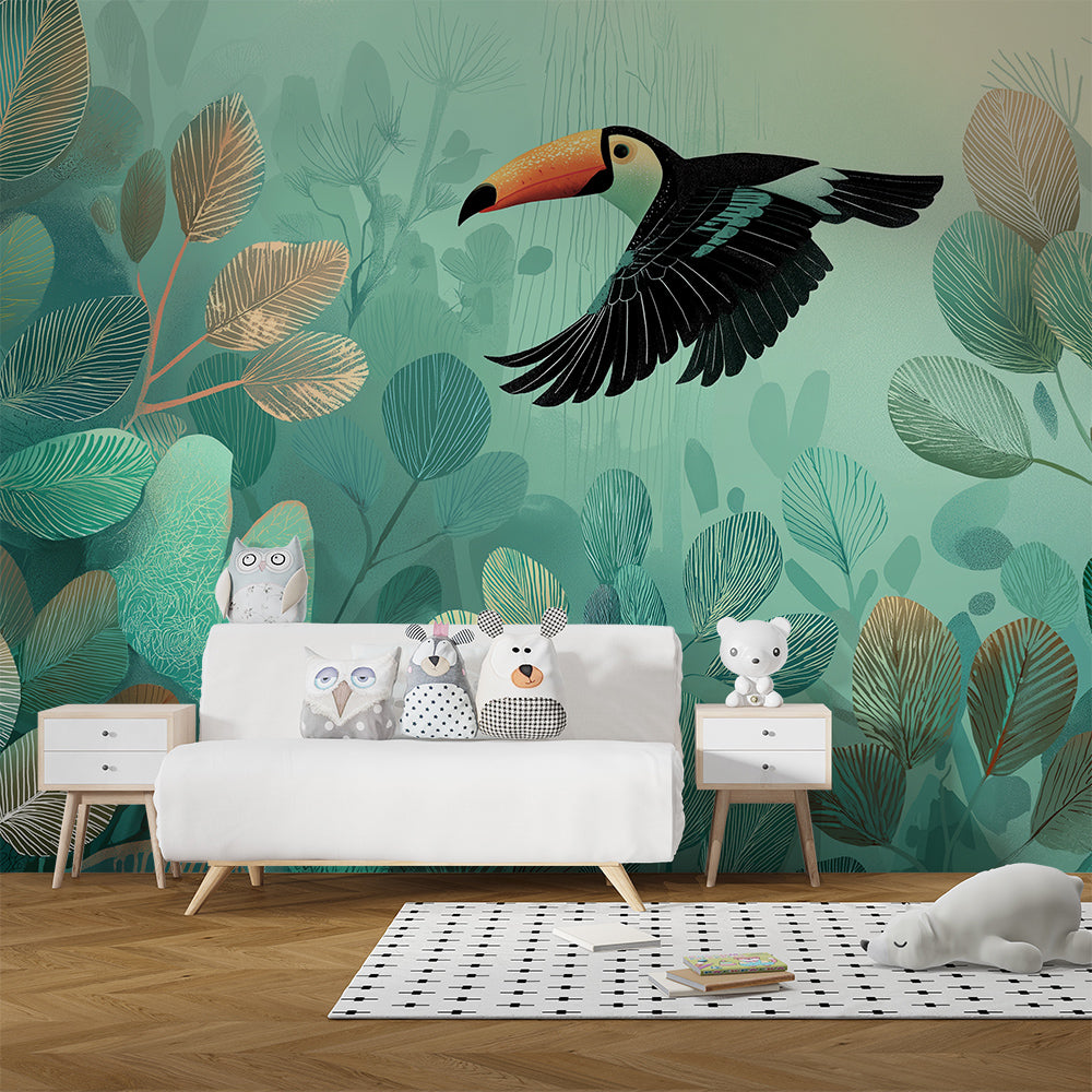 Kids-Mundo misty jungle toucan wall mural covering a feature wall in a kids' bedroom.