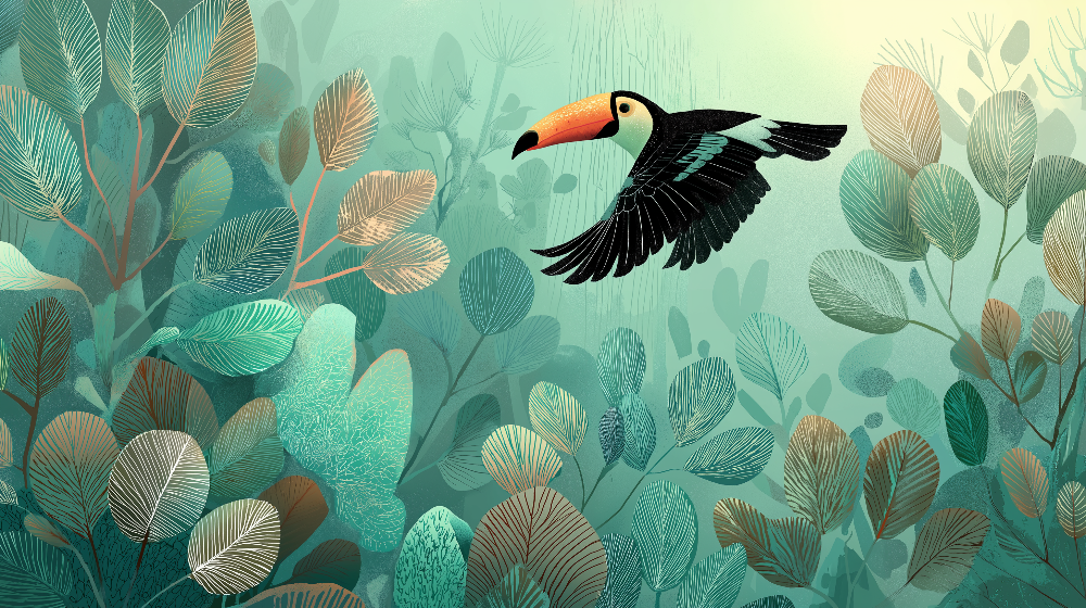 Toucan in Flight Through a Misty Jungle Wall Mural