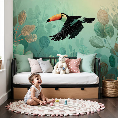 Kids-Mundo misty jungle toucan wall mural styled on a feature wall in a green nursery.