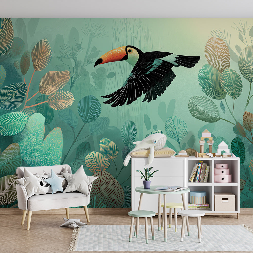 Kids-Mundo misty jungle toucan wall mural brightening a playroom wall by the toy box.