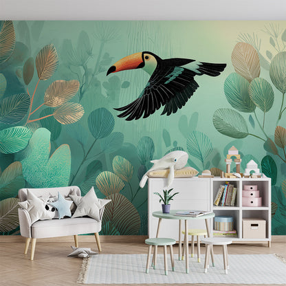 Kids-Mundo misty jungle toucan wall mural brightening a playroom wall by the toy box.