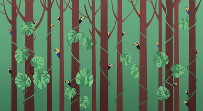 Flat artwork of the Kids-Mundo toucan and monstera leaf forest wall mural in green and brown