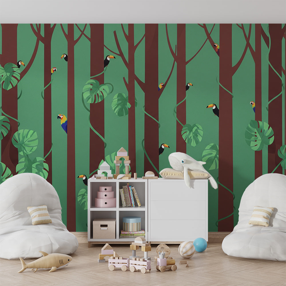 Kids-Mundo bold toucan forest mural covering a playroom wall with a reading corner