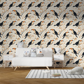Tropical toucan bird wallpaper decorating modern kids bedroom with natural elements
