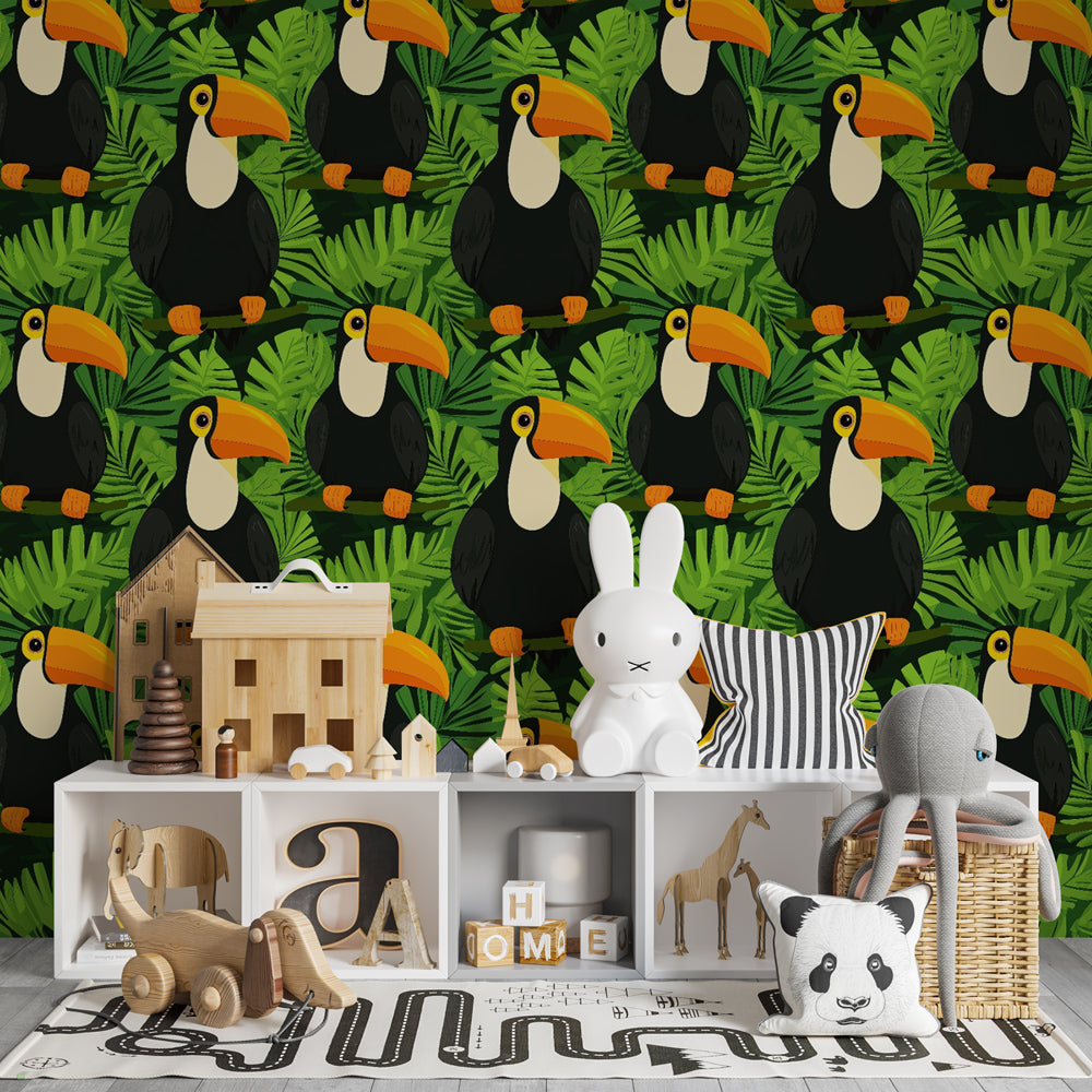 Colorful toucan and jungle leaves mural wallpaper transforming children's bedroom into tropical paradise