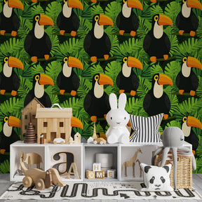 Colorful toucan and jungle leaves mural wallpaper transforming children's bedroom into tropical paradise