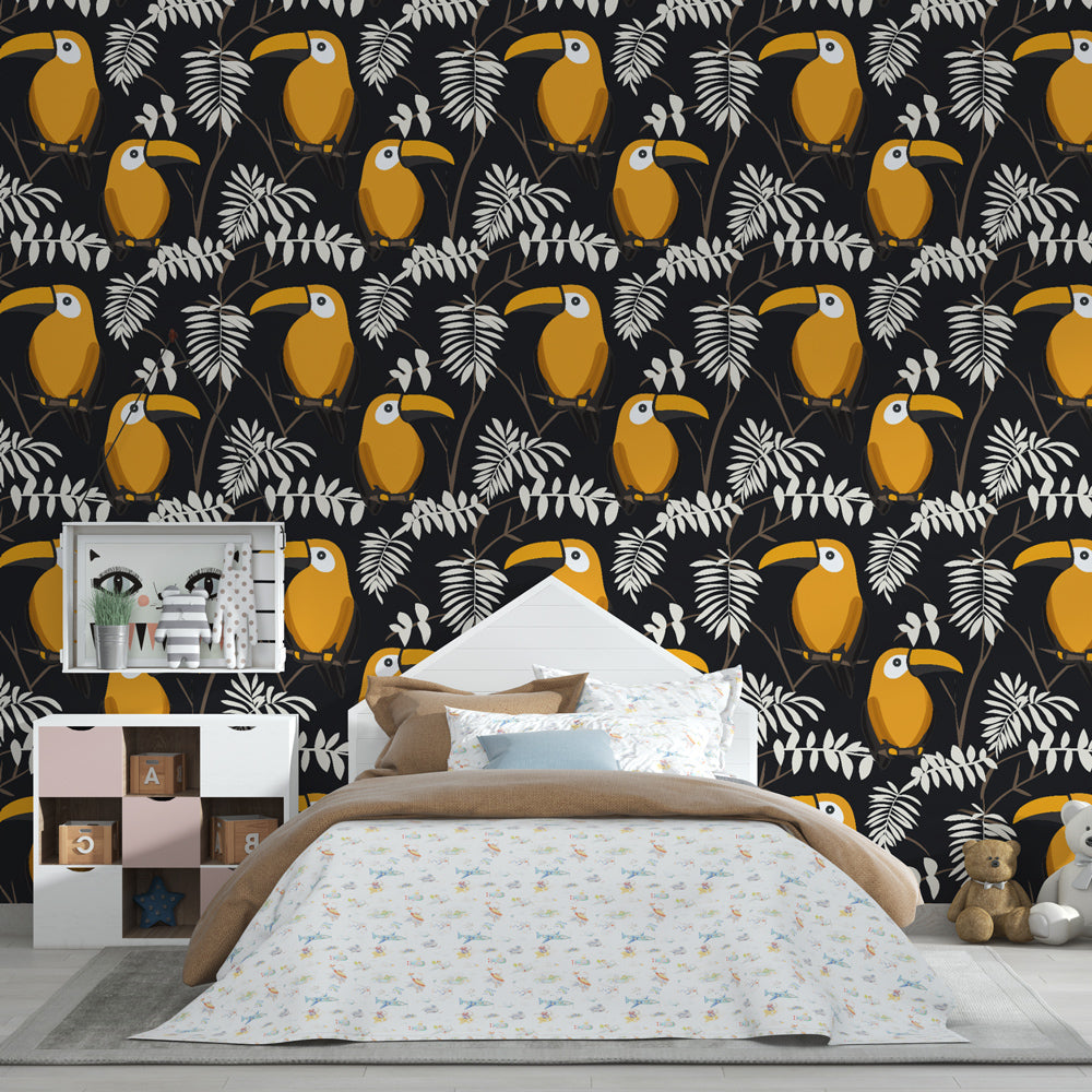 Colorful toucan wallpaper with black background in modern kids bedroom interior