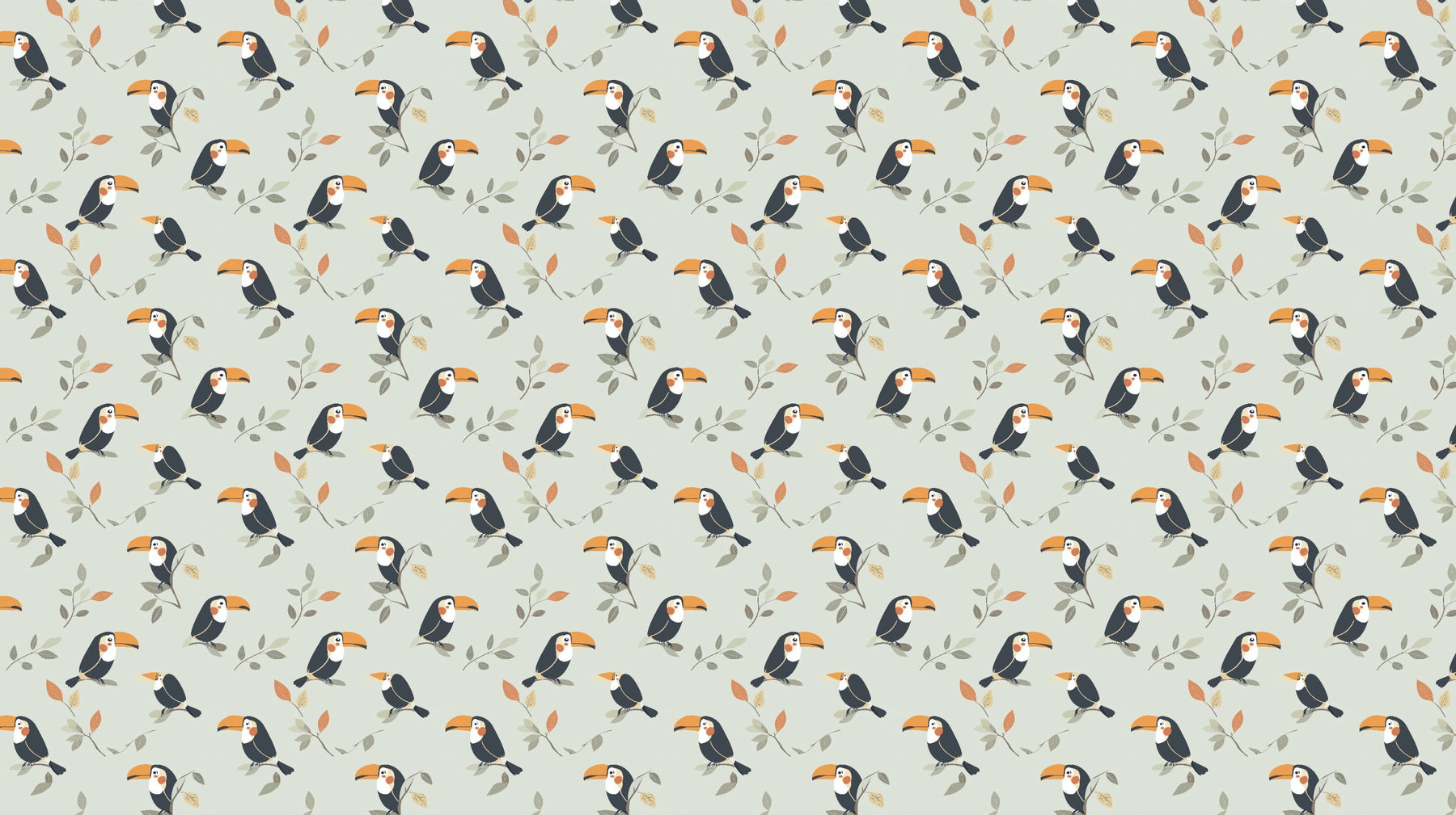 Detailed tropical toucan mural wallpaper design pattern showing colorful birds on pastel leaves by Kids-Mundo