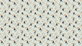 Detailed tropical toucan mural wallpaper design pattern showing colorful birds on pastel leaves by Kids-Mundo
