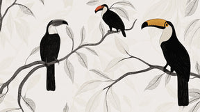 Detailed toucan mural wallpaper design pattern showing elegant tropical birds on branches by Kids-Mundo