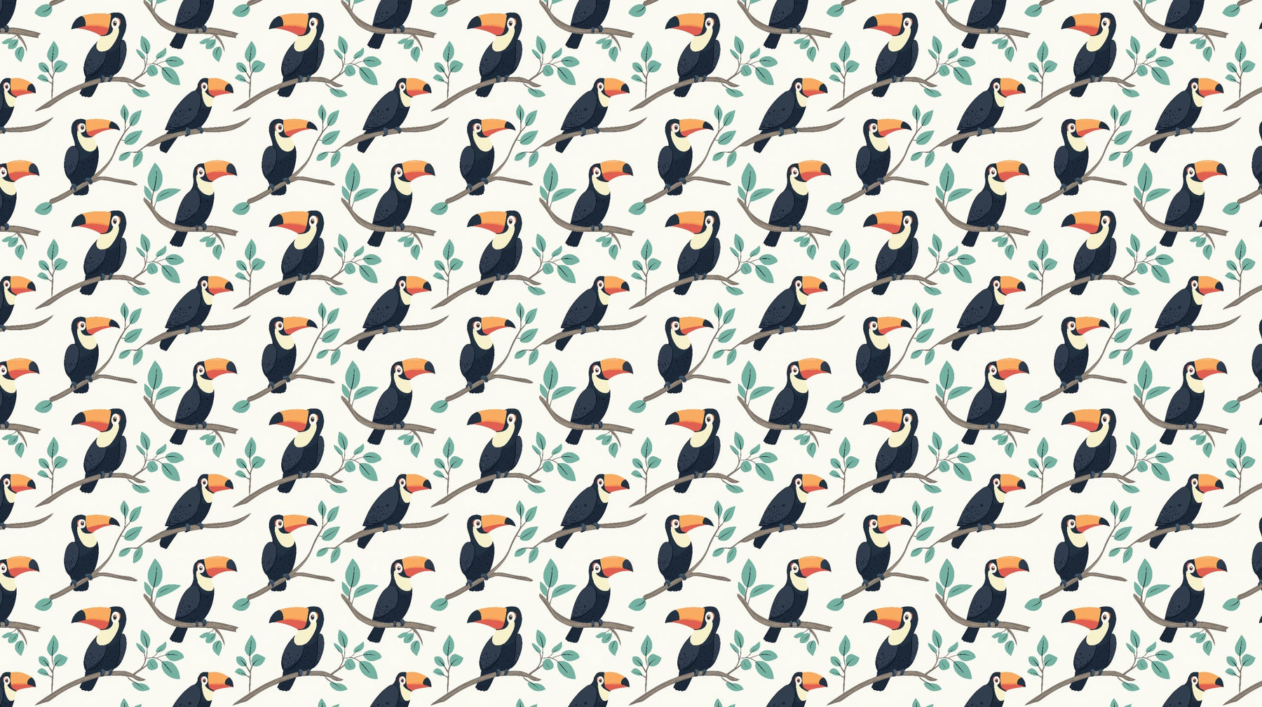 Detailed toucan mural wallpaper design pattern showing tropical birds on leafy branches by Kids-Mundo