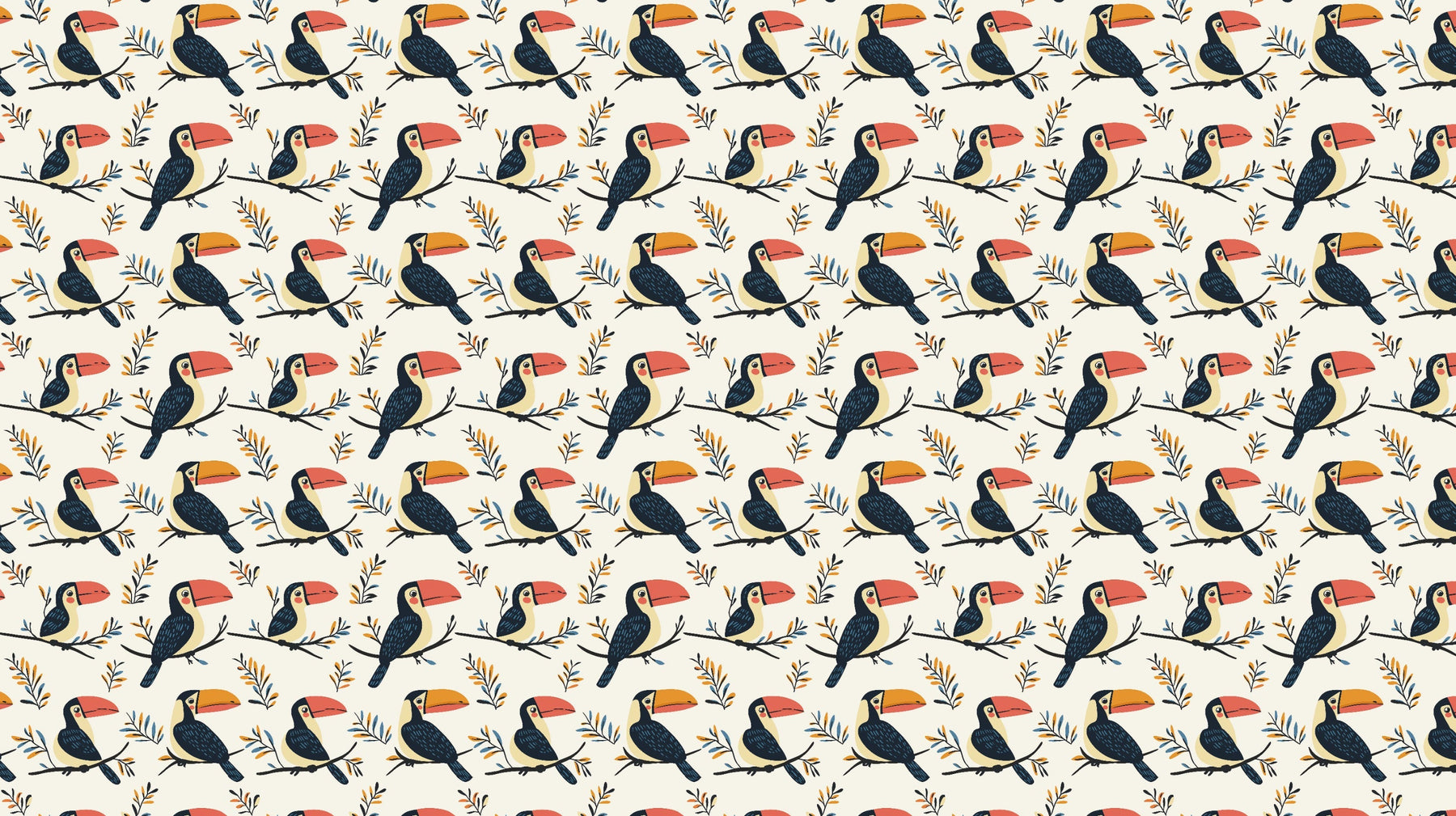 Detailed tropical toucan mural wallpaper design pattern showing colorful birds and foliage by Kids-Mundo