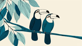 Detailed toucan mural wallpaper design pattern showing colorful birds on branch by Kids-Mundo