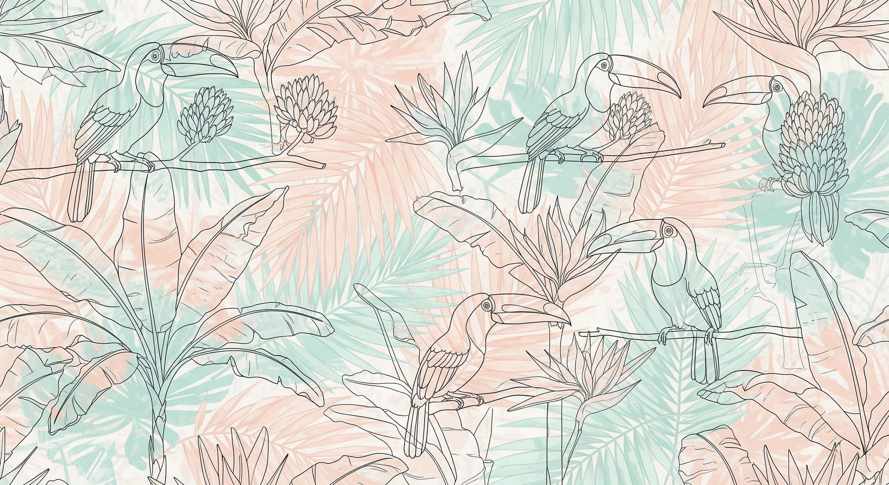 Detailed toucan tropical mural wallpaper design pattern with colorful birds and jungle foliage by Kids-Mundo