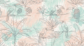 Detailed toucan tropical mural wallpaper design pattern with colorful birds and jungle foliage by Kids-Mundo