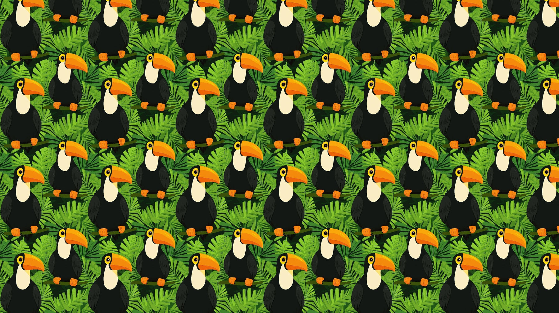 Detailed tropical toucan mural wallpaper design pattern with colorful birds and jungle leaves by Kids-Mundo