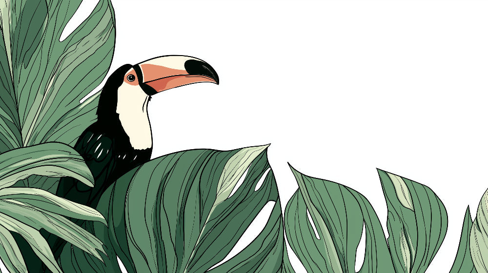 Detailed toucan and tropical foliage mural wallpaper design pattern by Kids-Mundo